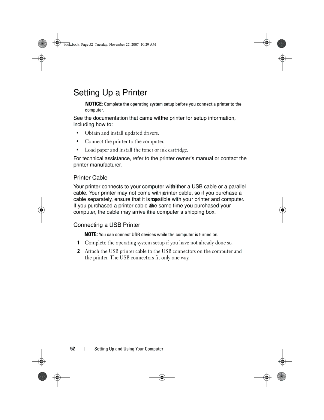 Dell XPS 420 owner manual Setting Up a Printer, Printer Cable, Connecting a USB Printer 