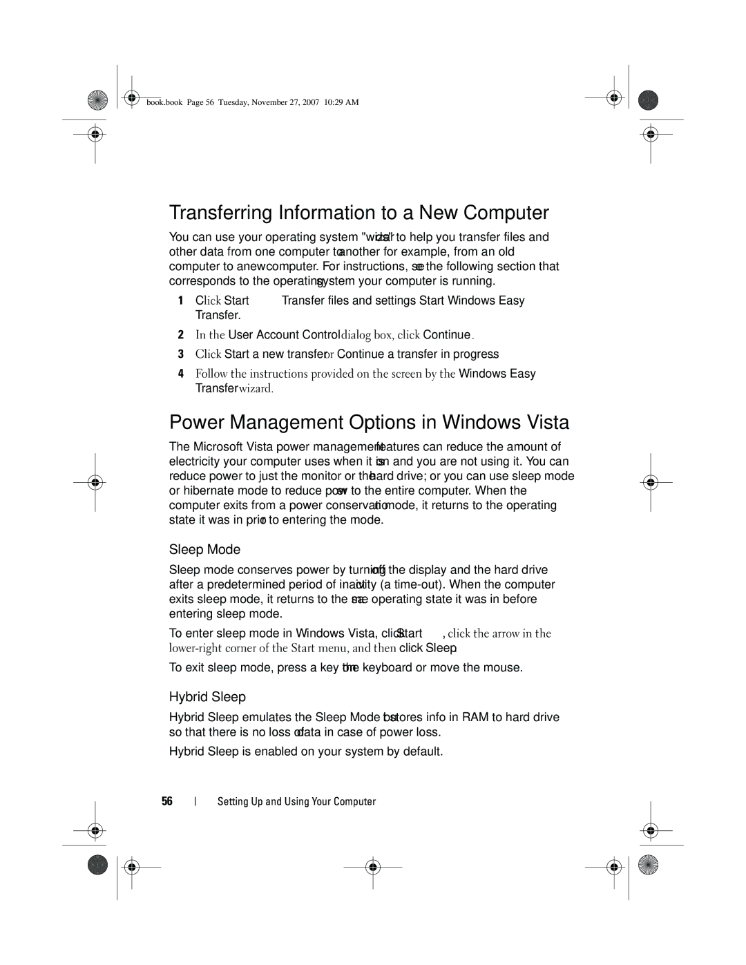 Dell XPS 420 owner manual Transferring Information to a New Computer, Power Management Options in Windows Vista, Sleep Mode 