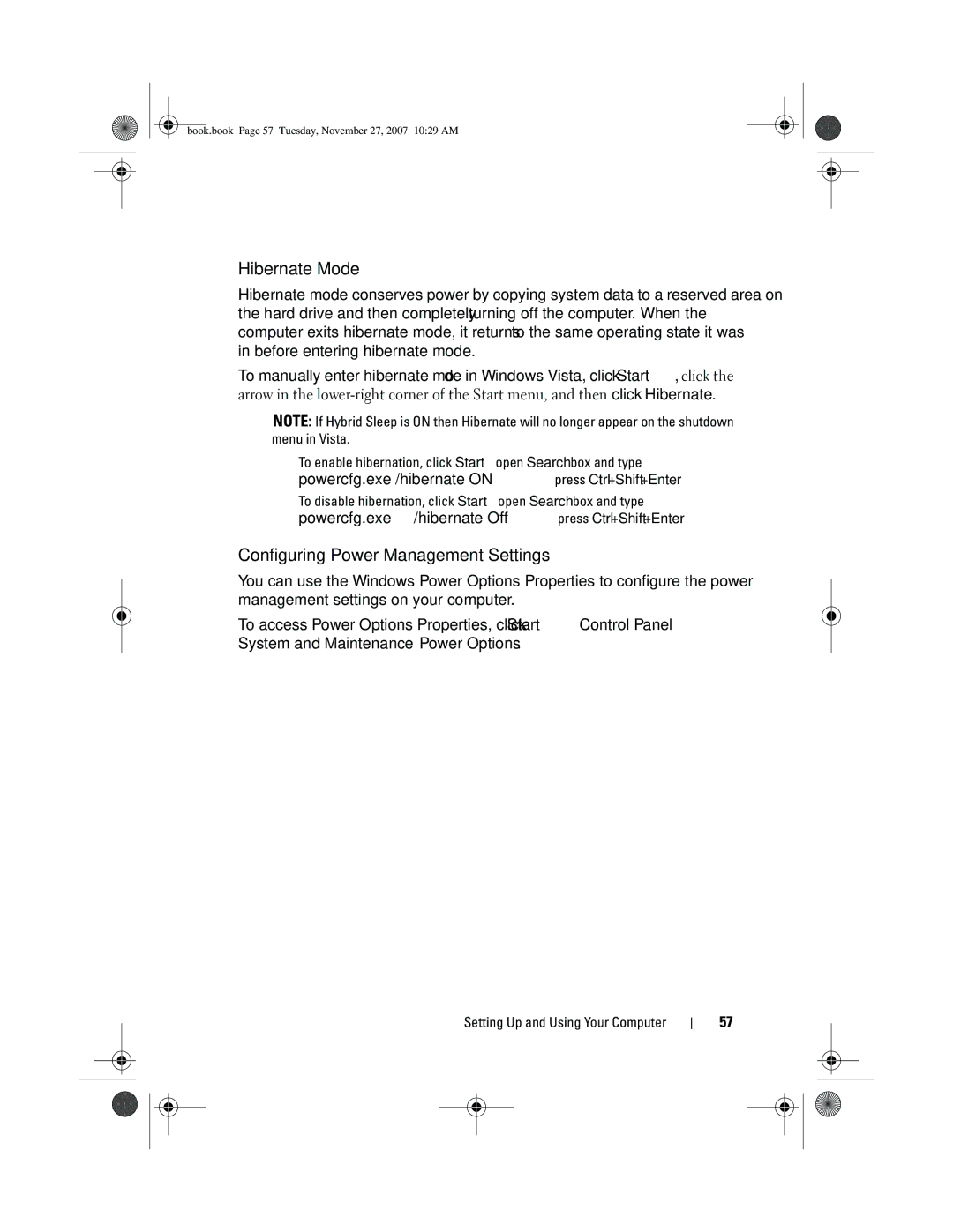 Dell XPS 420 owner manual Hibernate Mode, Configuring Power Management Settings 