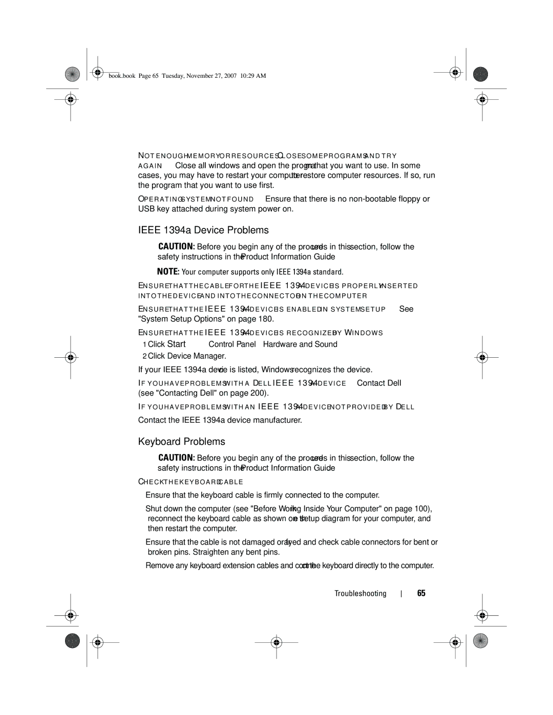 Dell XPS 420 owner manual Ieee 1394a Device Problems, Keyboard Problems 