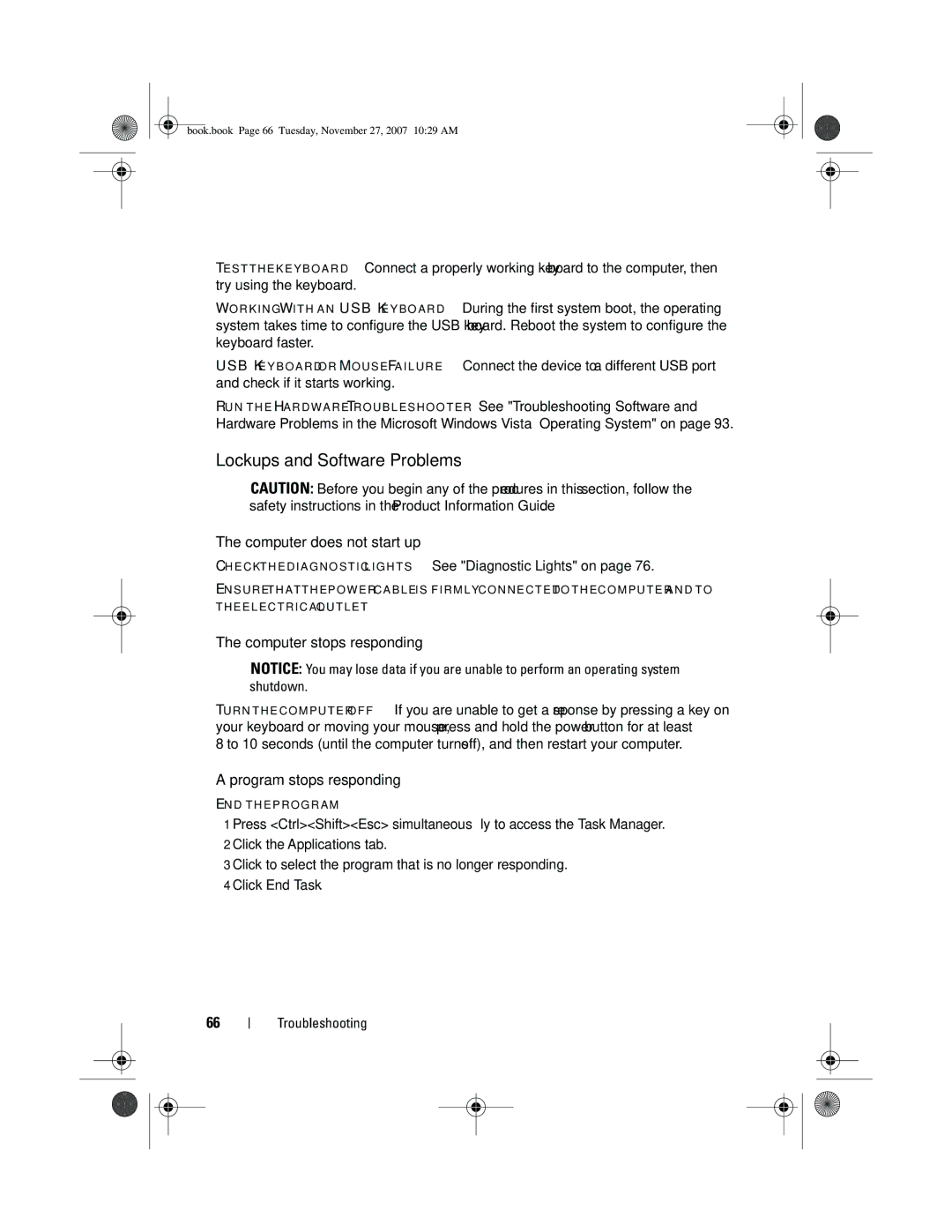 Dell XPS 420 owner manual Lockups and Software Problems, Computer does not start up, Computer stops responding 