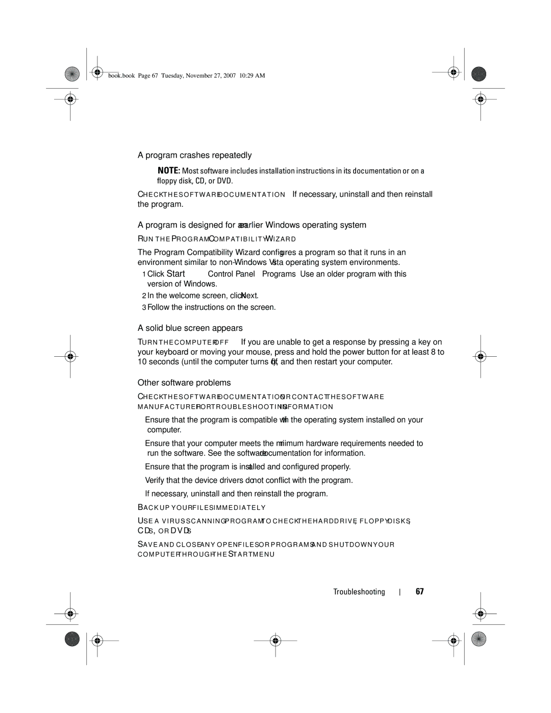 Dell XPS 420 owner manual Program crashes repeatedly, Program is designed for an earlier Windows operating system 