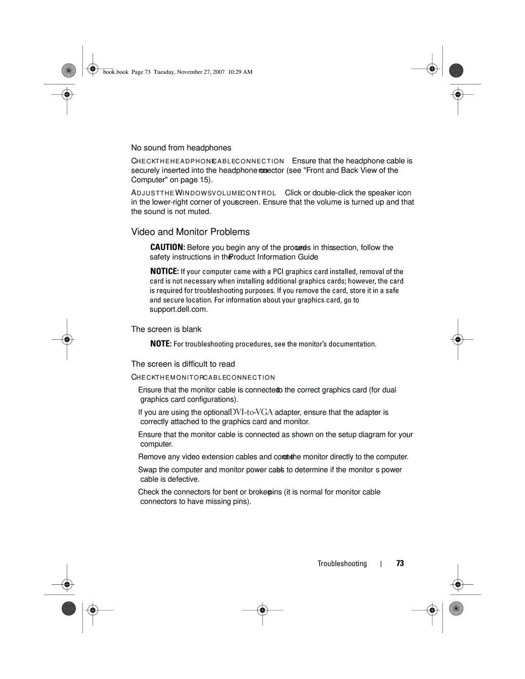 Dell XPS 420 owner manual Video and Monitor Problems, No sound from headphones, Screen is blank Screen is difficult to read 