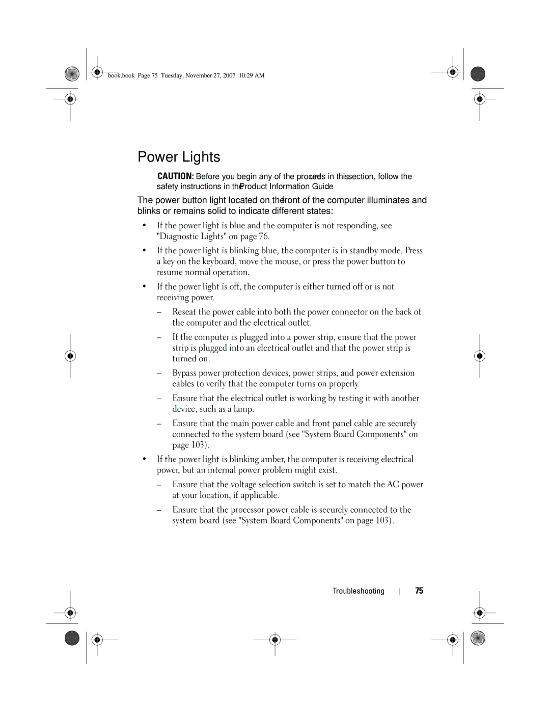 Dell XPS 420 owner manual Power Lights 