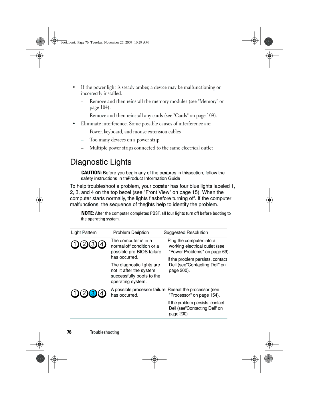 Dell XPS 420 owner manual Diagnostic Lights, Light Pattern Problem Description, Reseat the processor see, Processor on 