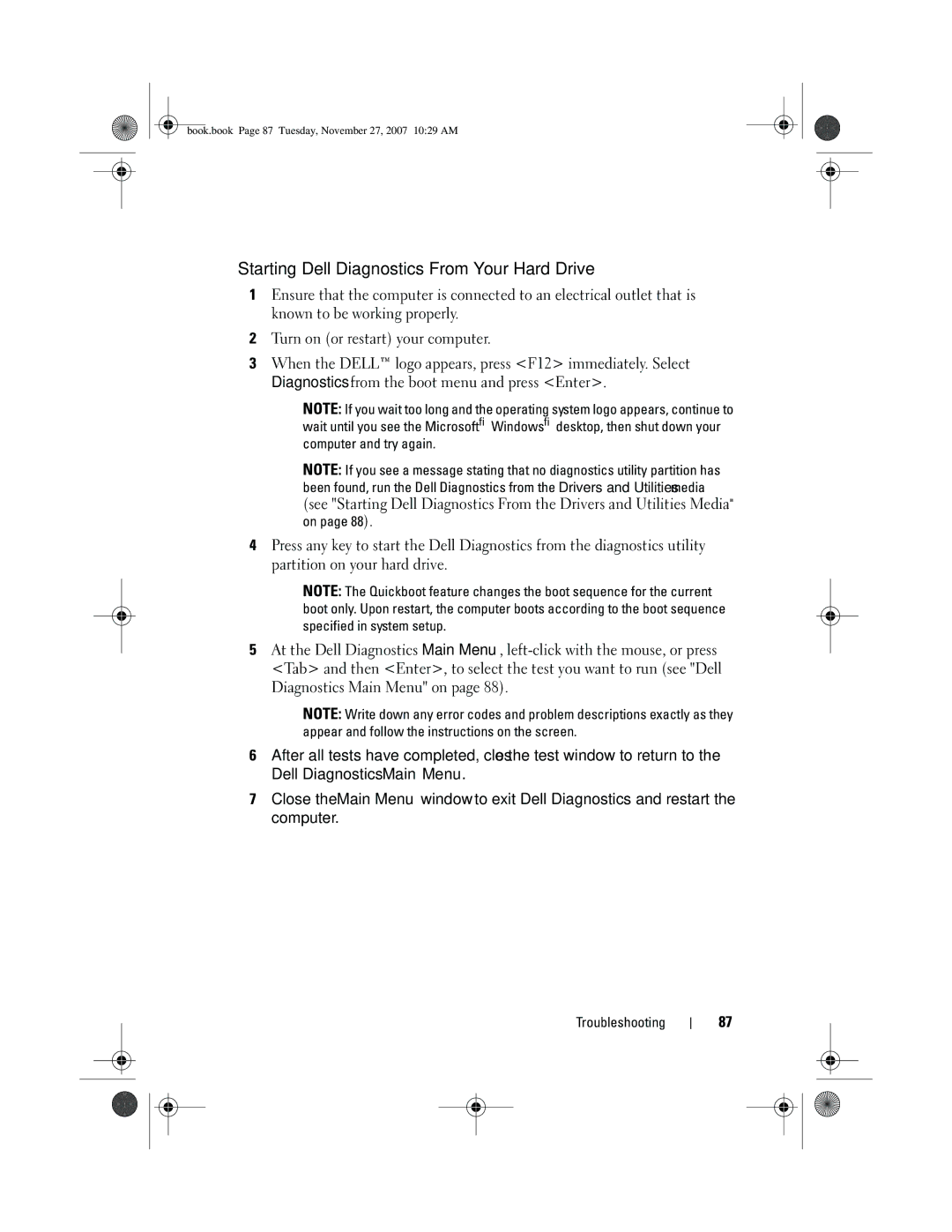 Dell XPS 420 owner manual Starting Dell Diagnostics From Your Hard Drive 