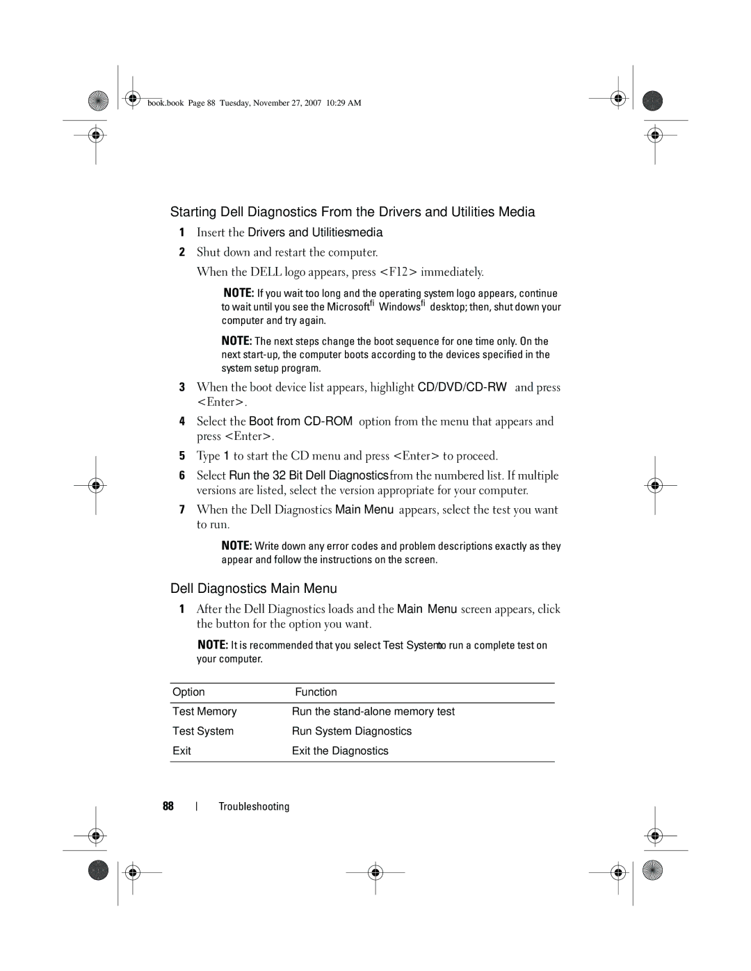 Dell XPS 420 owner manual Dell Diagnostics Main Menu, Option Function 