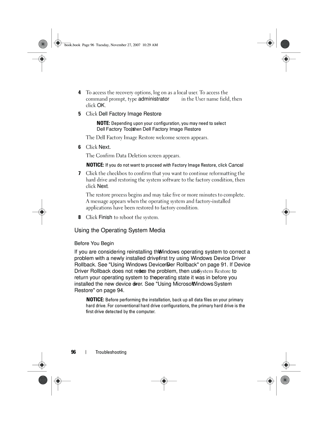 Dell XPS 420 owner manual Using the Operating System Media 