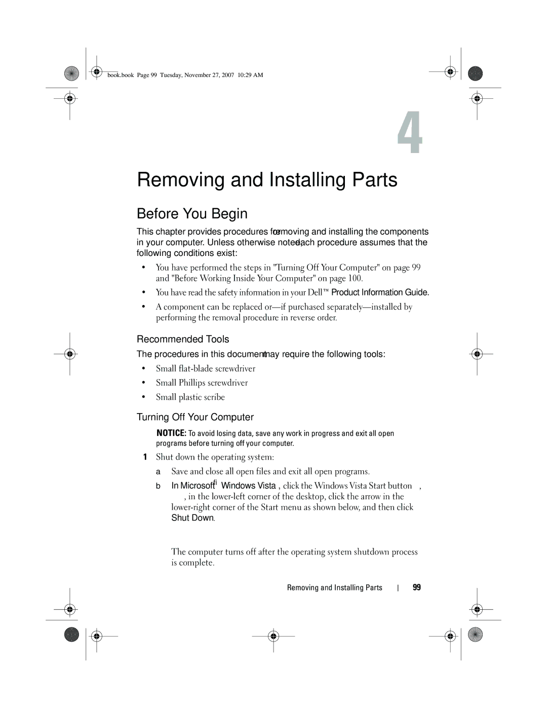 Dell XPS 420 owner manual Before You Begin, Recommended Tools, Turning Off Your Computer, Removing and Installing Parts 