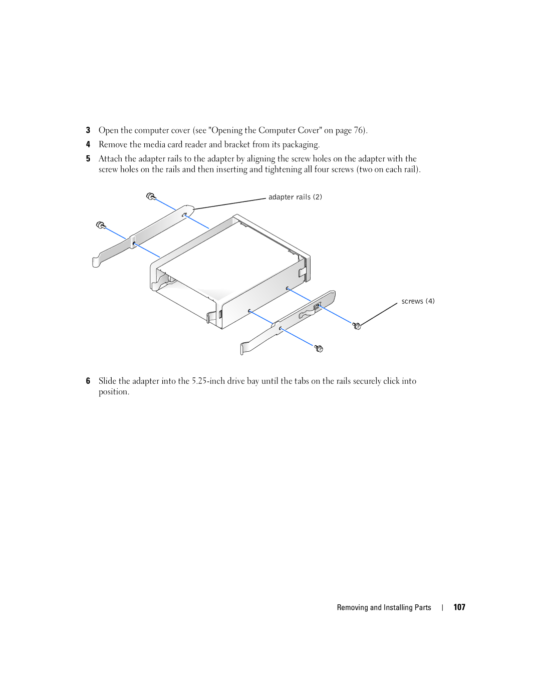 Dell XPS 600 owner manual 107, Adapter rails Screws 