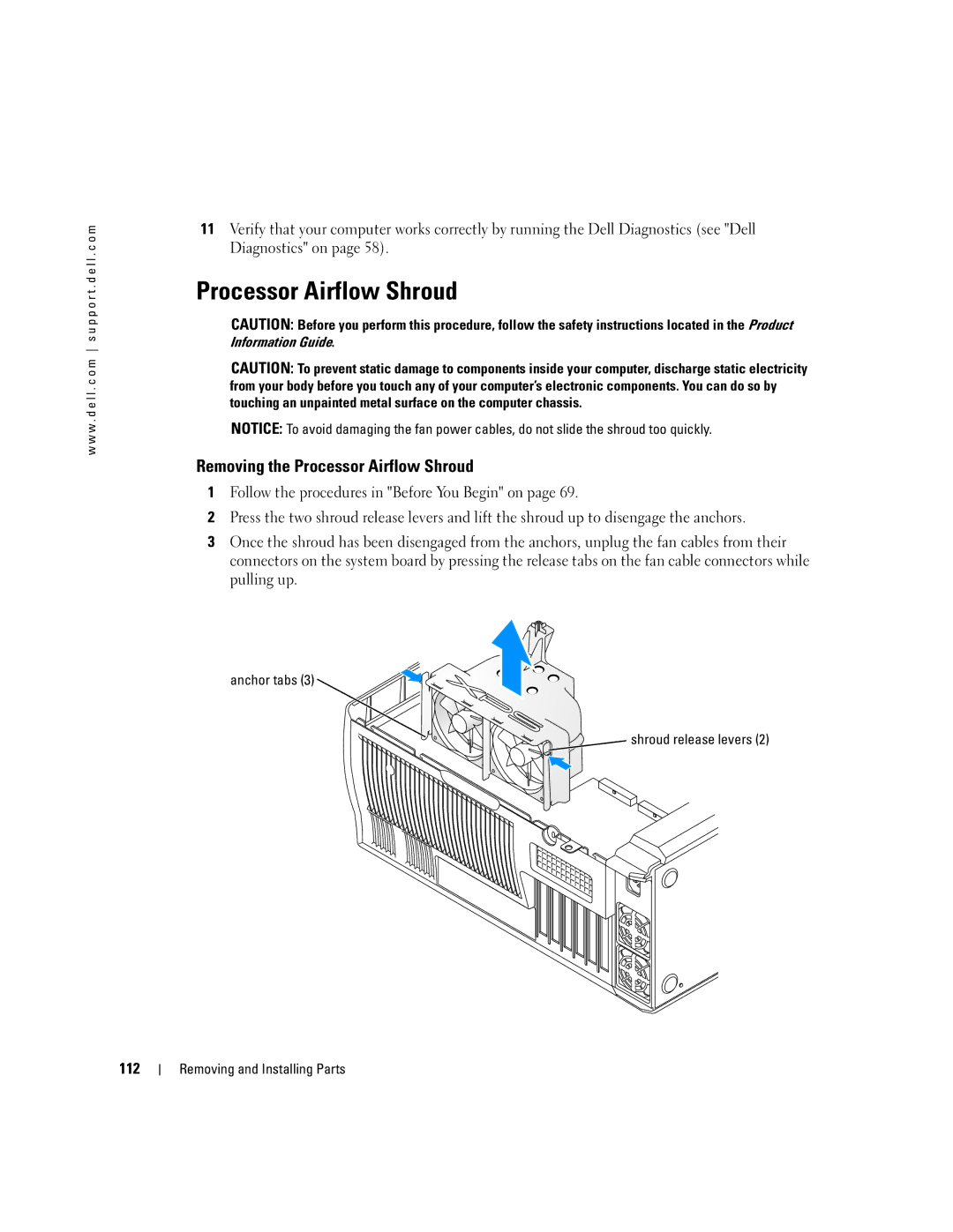 Dell XPS 600 owner manual Removing the Processor Airflow Shroud, 112, Anchor tabs Shroud release levers 