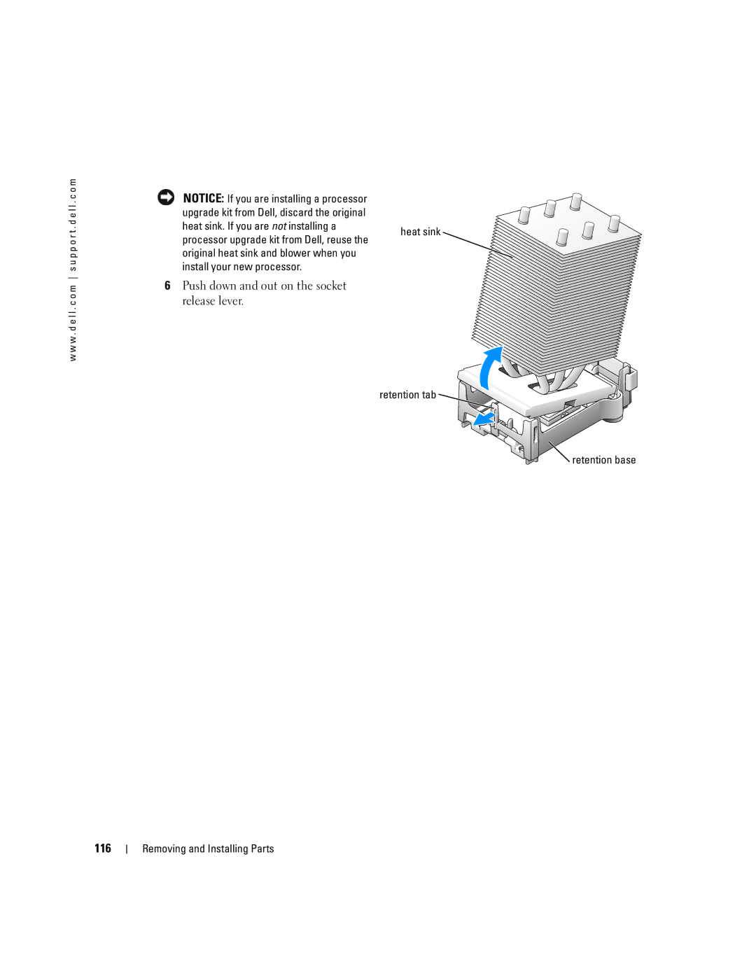 Dell XPS 600 owner manual Push down and out on the socket release lever, 116, Heat sink Retention tab Retention base 