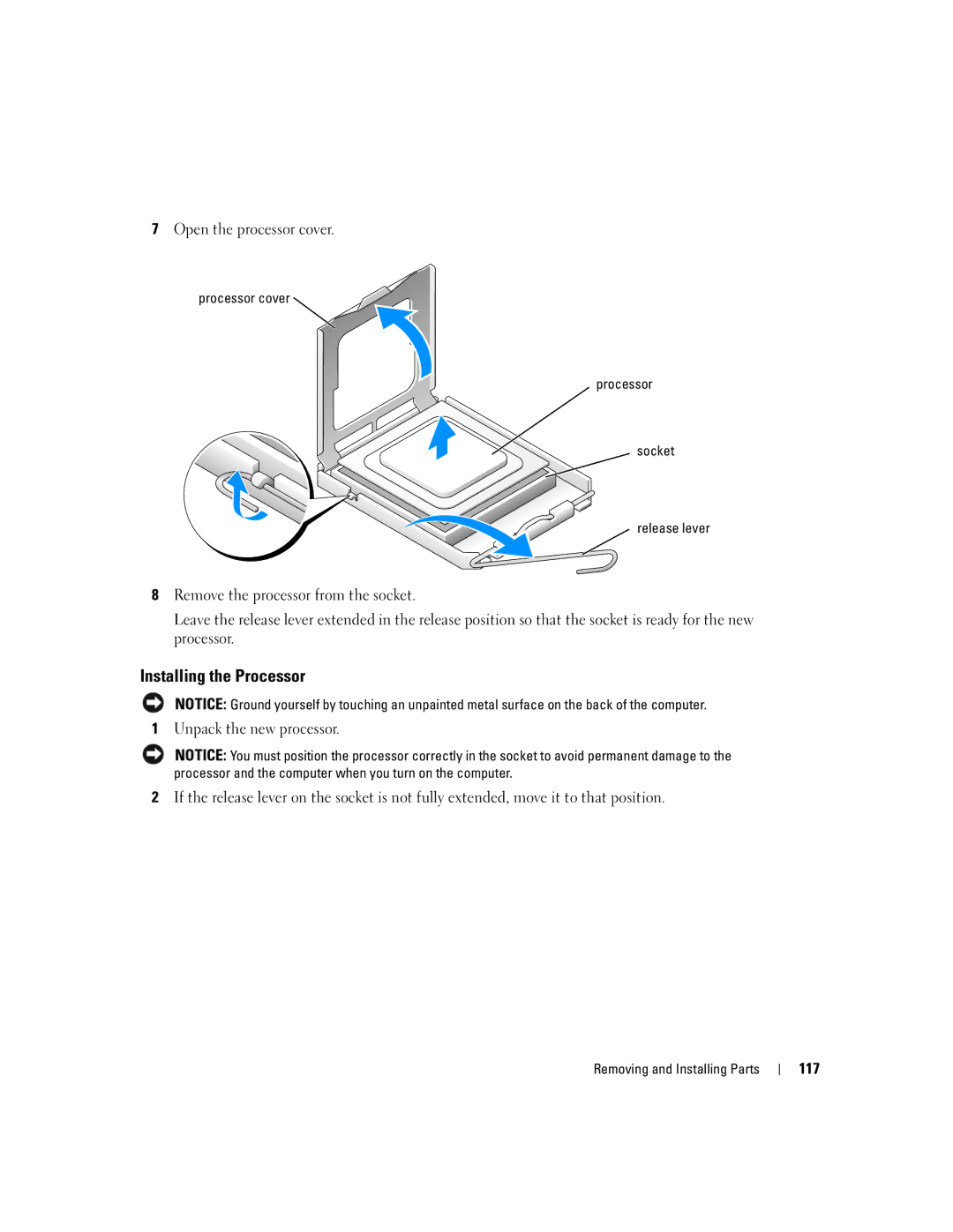 Dell XPS 600 owner manual Installing the Processor, Open the processor cover, 117, Processor cover Socket Release lever 