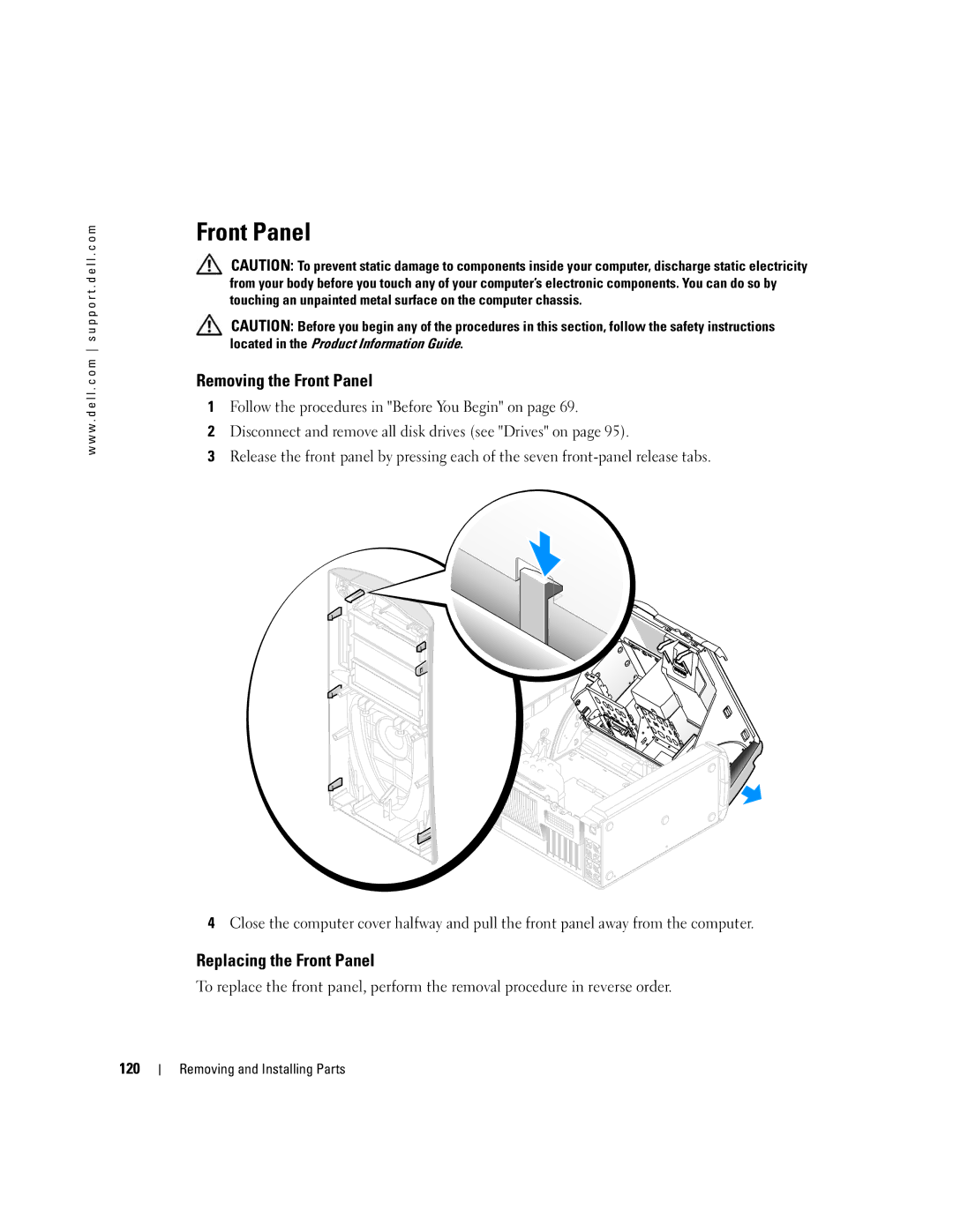 Dell XPS 600 owner manual Removing the Front Panel, Replacing the Front Panel, 120 