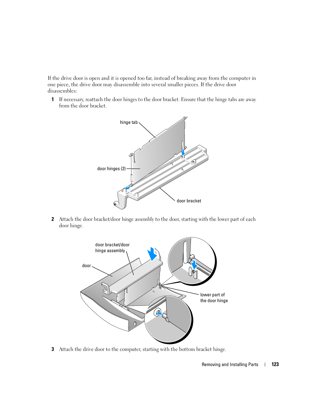 Dell XPS 600 owner manual 123, Hinge tab Door hinges Door bracket, Door Lower part 