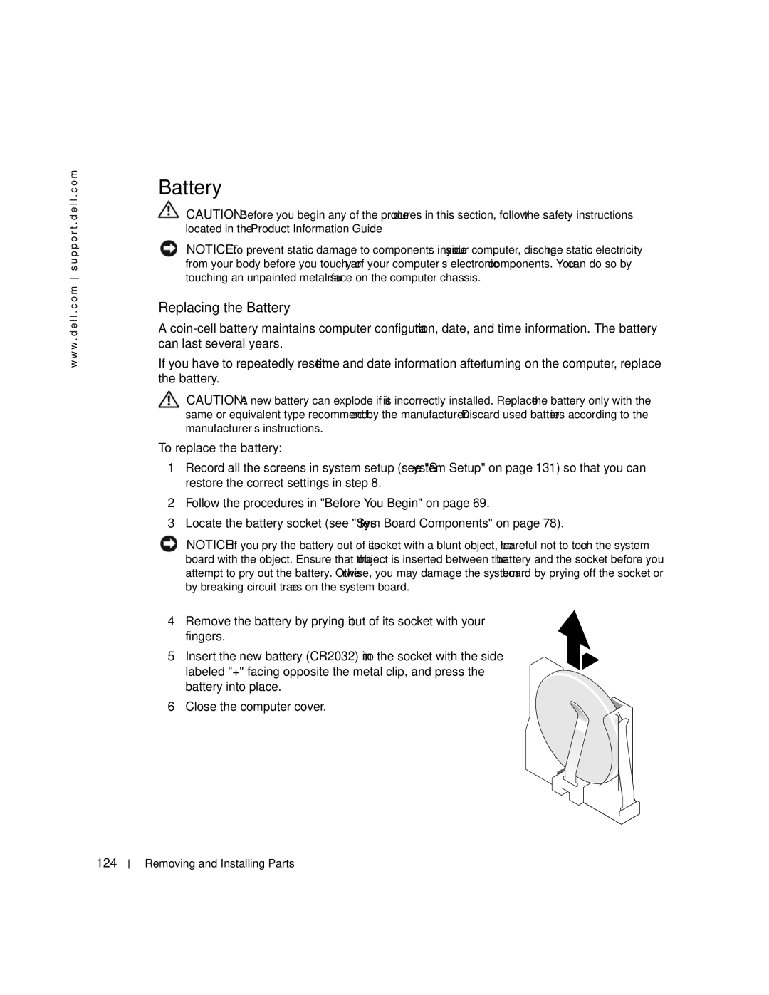 Dell XPS 600 owner manual Replacing the Battery 