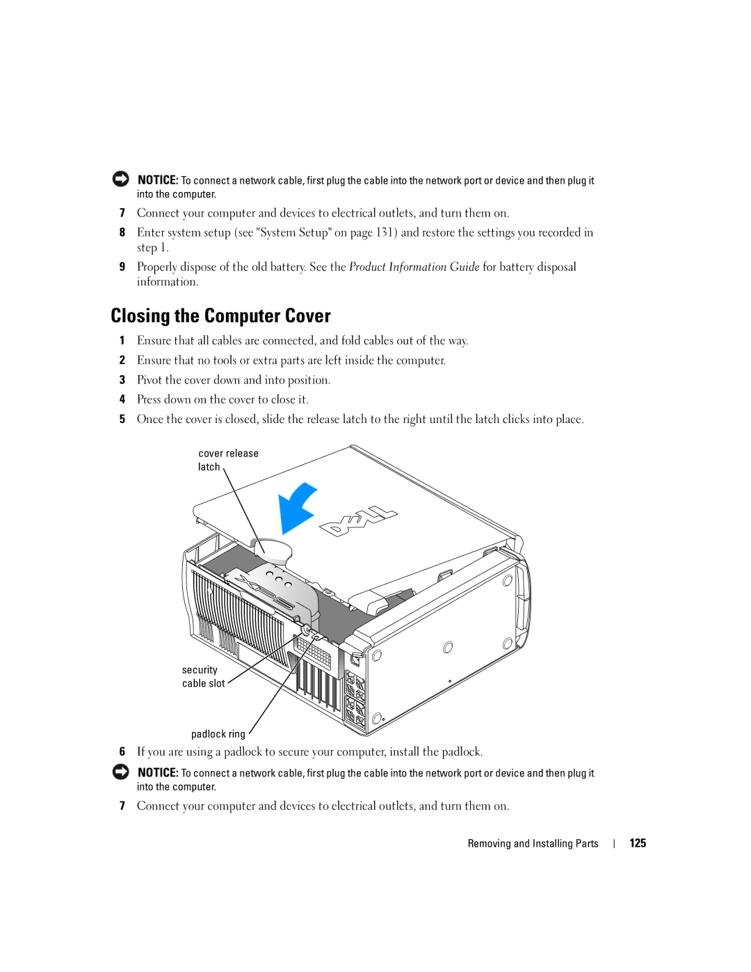 Dell XPS 600 owner manual Closing the Computer Cover, 125 