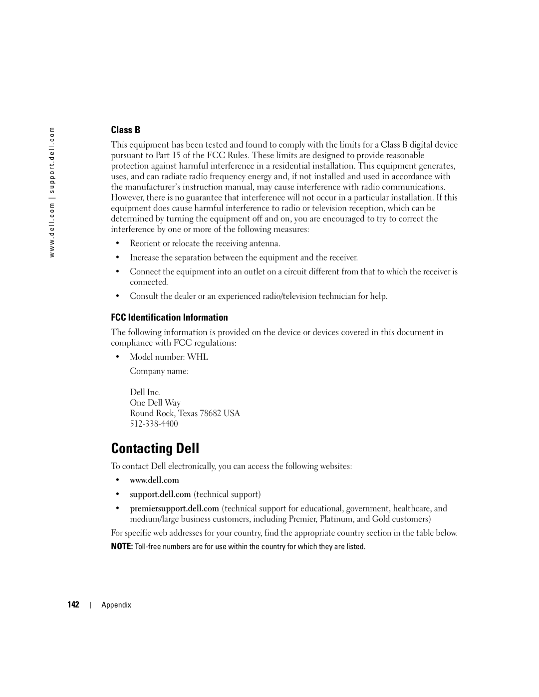 Dell XPS 600 owner manual Contacting Dell, Class B, FCC Identification Information 