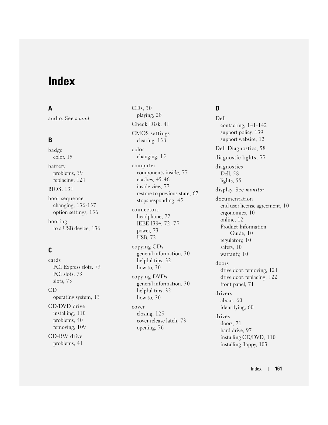 Dell XPS 600 owner manual 161, Index 