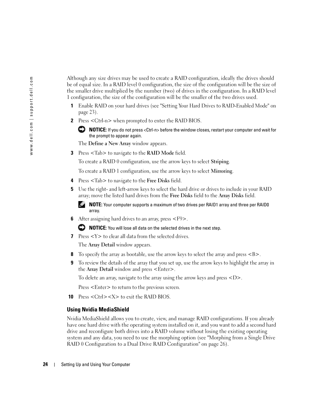 Dell XPS 600 owner manual Using Nvidia MediaShield, Press Tab to navigate to the Free Disks field 