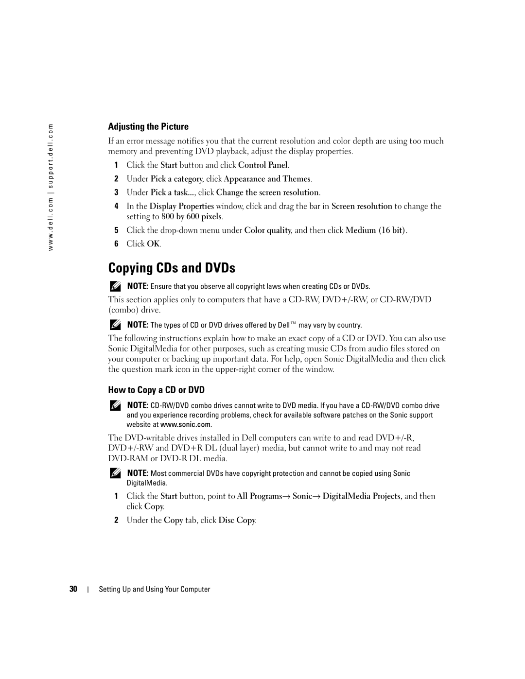 Dell XPS 600 owner manual Copying CDs and DVDs, Adjusting the Picture, How to Copy a CD or DVD 