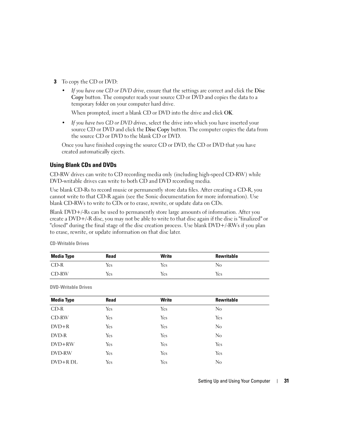 Dell XPS 600 owner manual Using Blank CDs and DVDs, Media Type Read Write Rewritable 