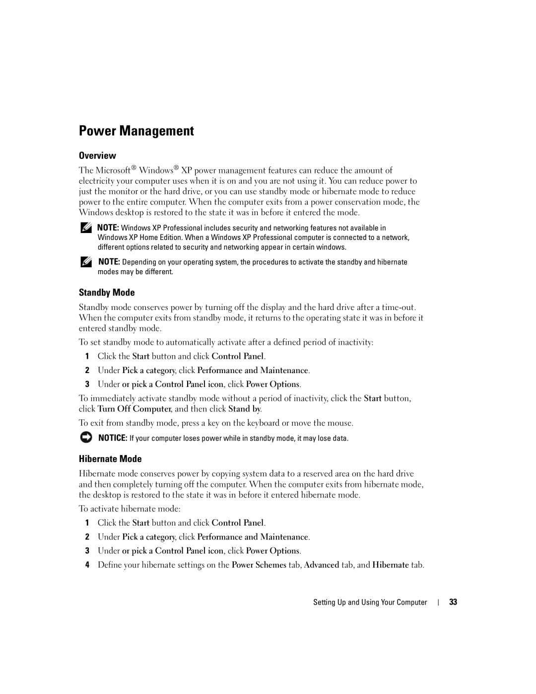 Dell XPS 600 owner manual Power Management, Overview, Standby Mode, Hibernate Mode 