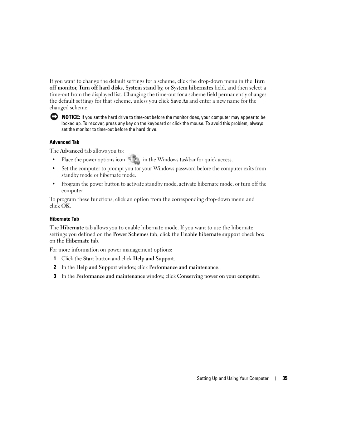 Dell XPS 600 owner manual Advanced Tab, Place the power options icon, Hibernate Tab 