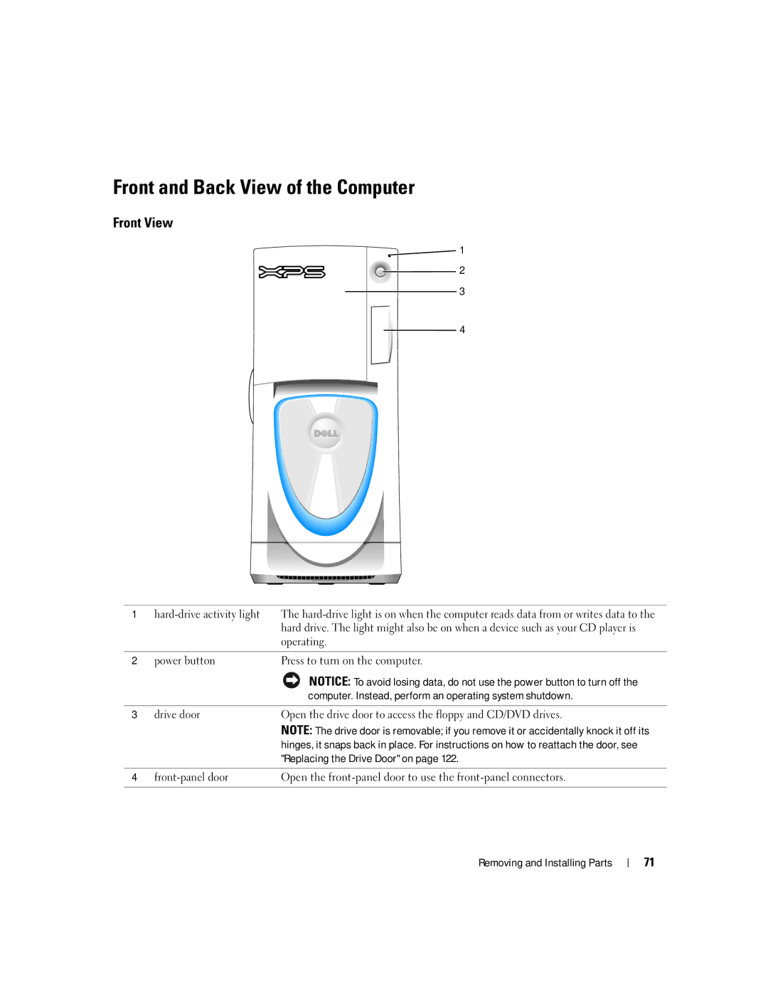 Dell XPS 600 owner manual Front and Back View of the Computer, Front View 