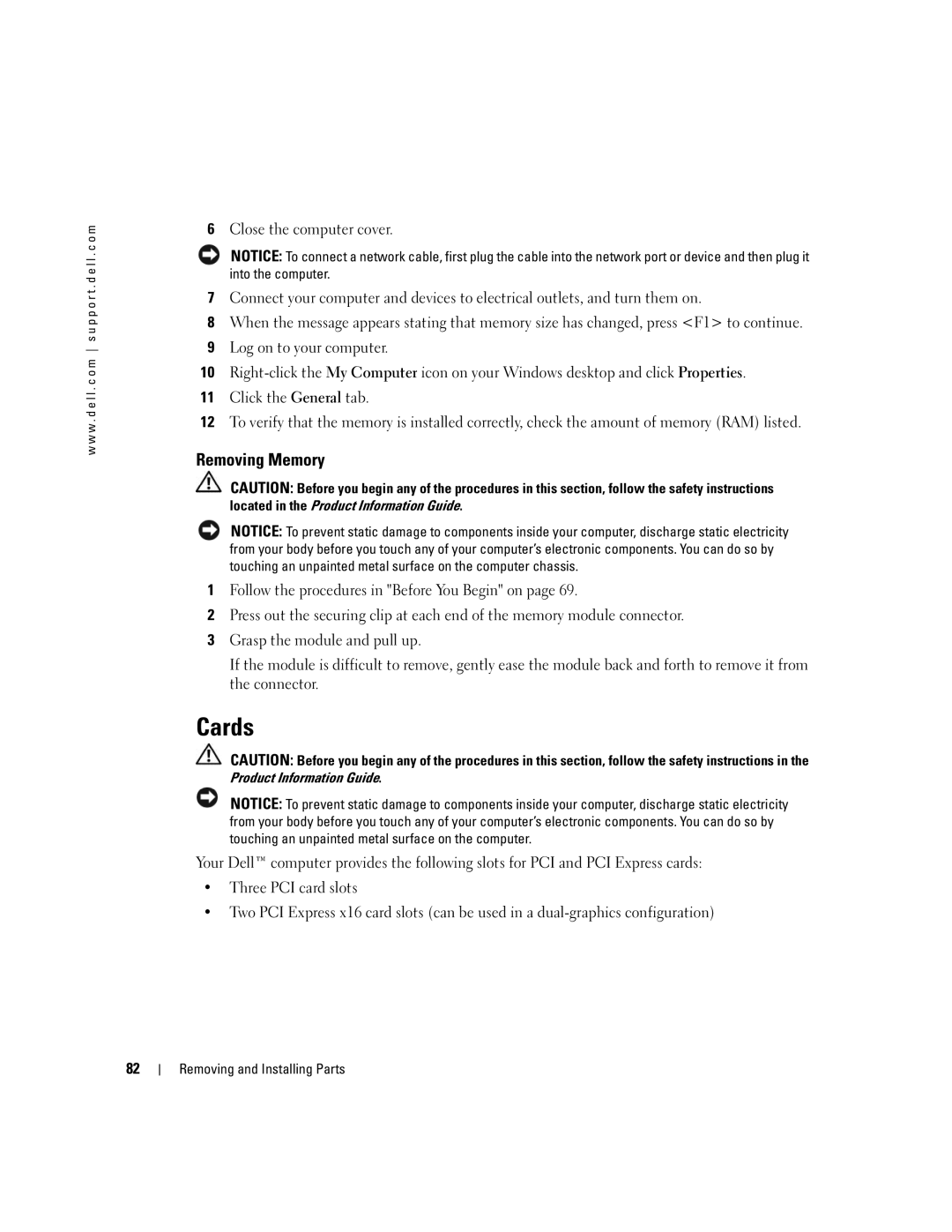 Dell XPS 600 owner manual Cards, Removing Memory 