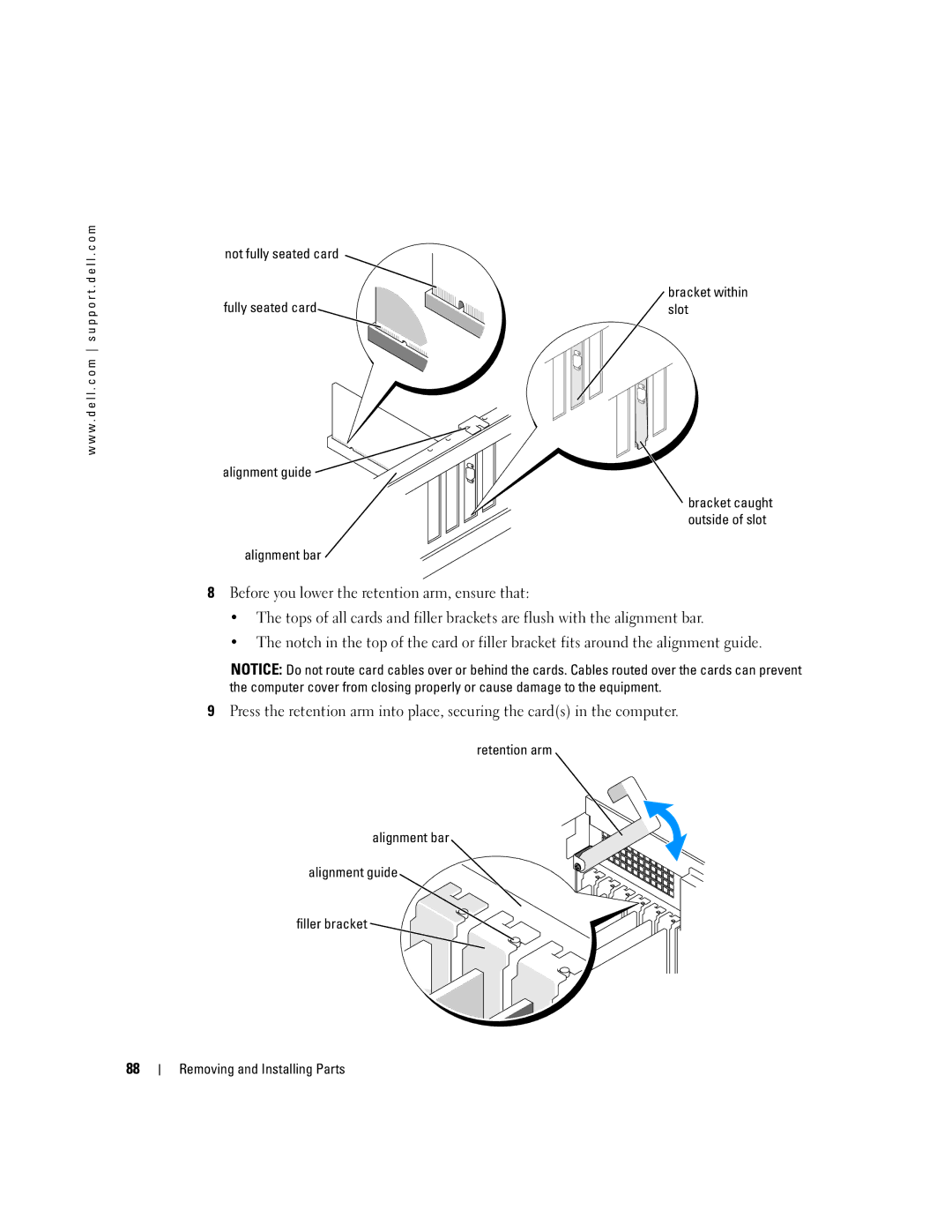 Dell XPS 600 owner manual Not fully seated card, Fully seated card Slot Alignment guide 