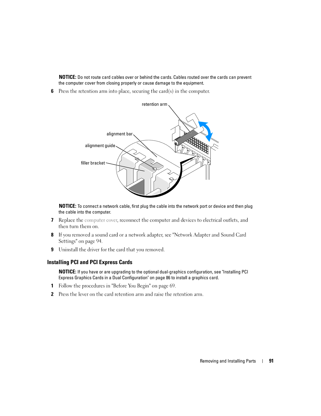 Dell XPS 600 owner manual Installing PCI and PCI Express Cards, Retention arm Alignment bar Alignment guide Filler bracket 