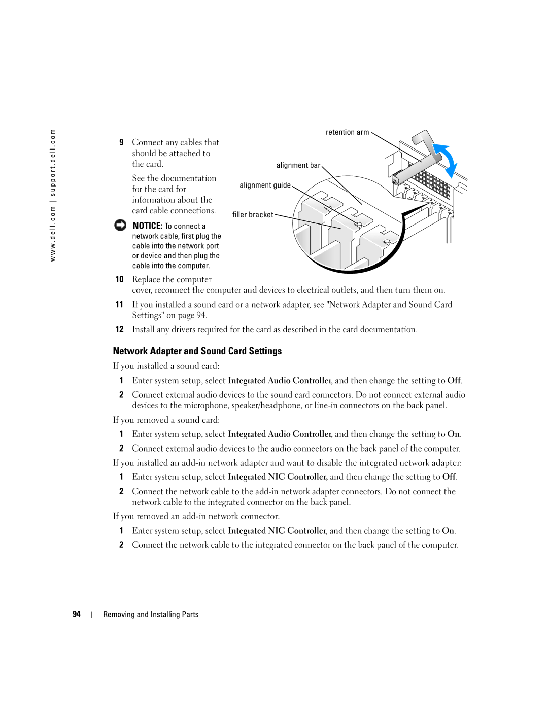 Dell XPS 600 owner manual Network Adapter and Sound Card Settings, Connect any cables that should be attached to the card 