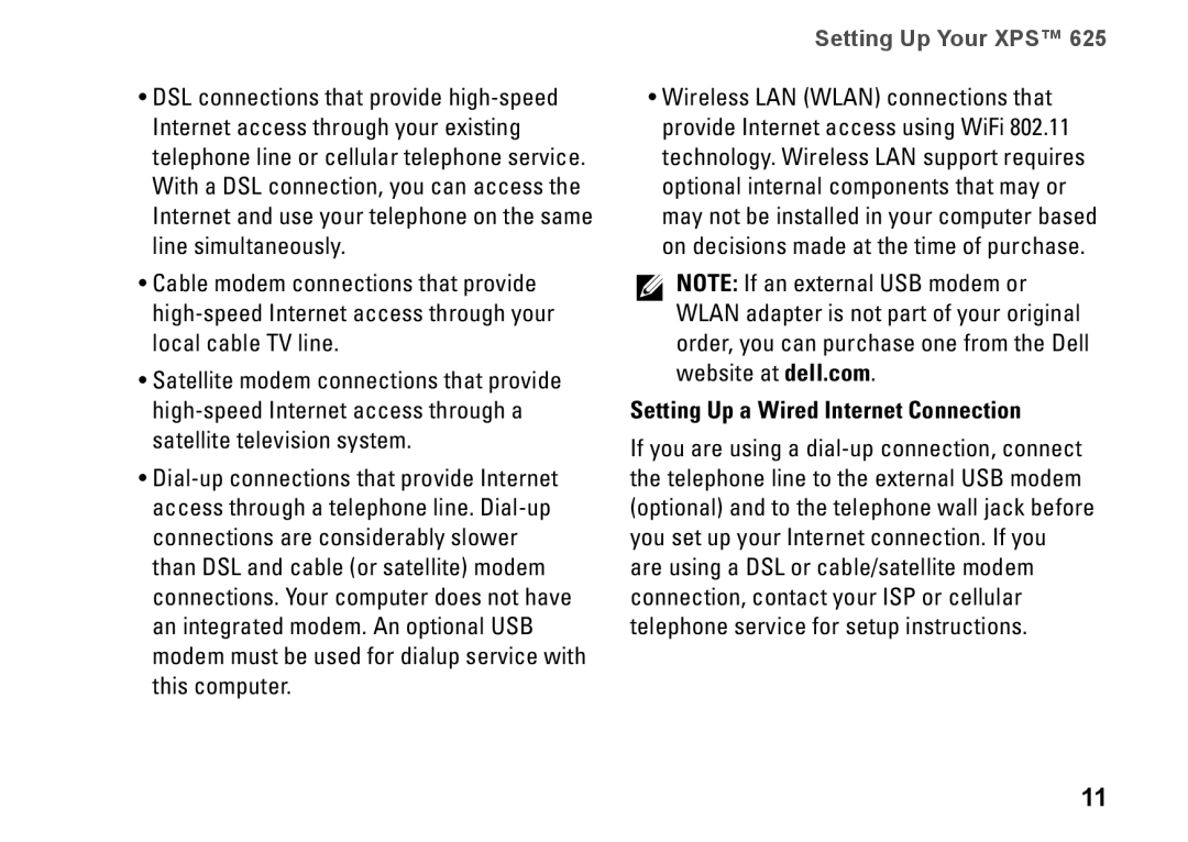 Dell XPS 625 manual Setting Up a Wired Internet Connection 