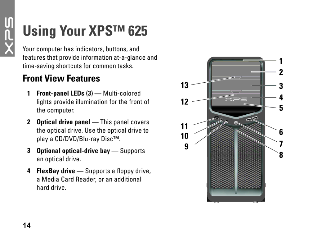 Dell XPS 625 manual Using Your XPS, Front View Features 