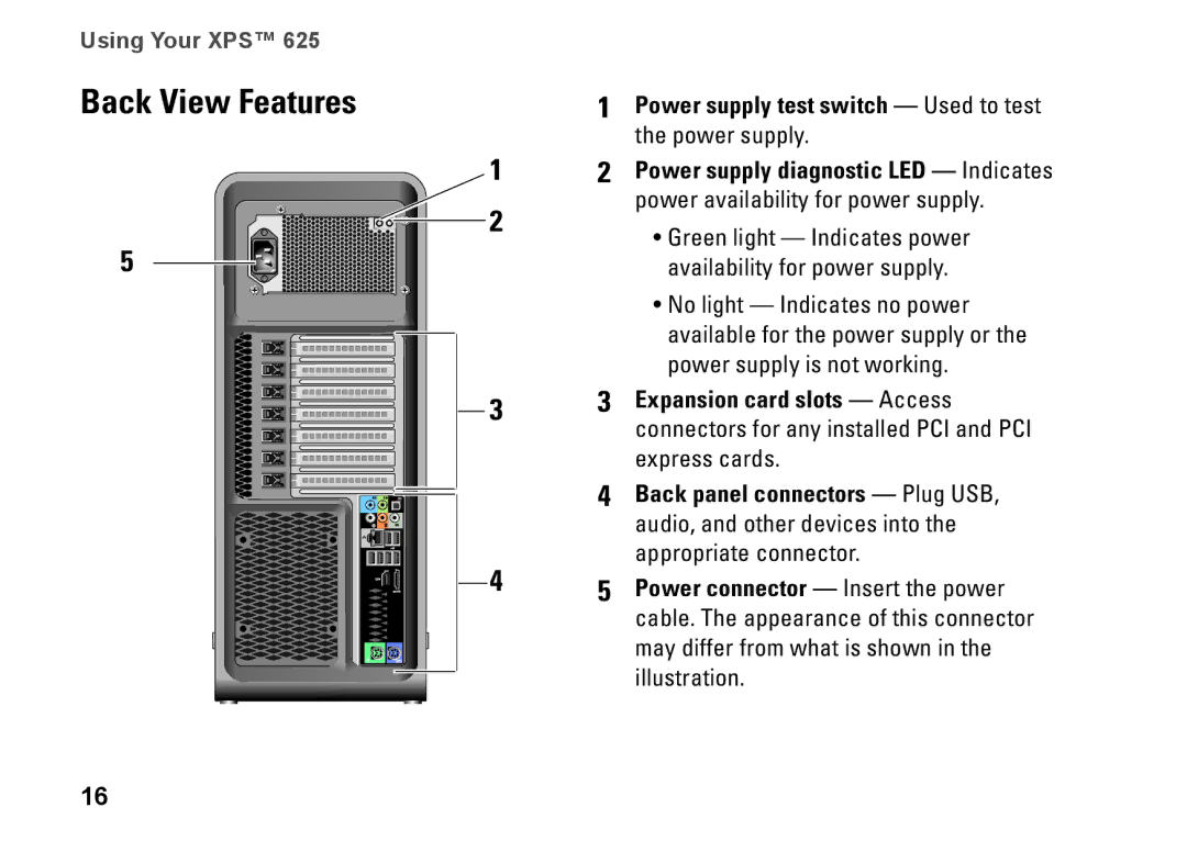 Dell XPS 625 manual Back View Features, Power supply test switch Used to test the power supply 