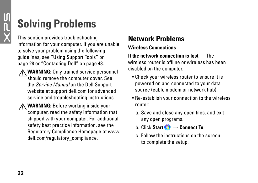 Dell XPS 625 manual Solving Problems, Network Problems 