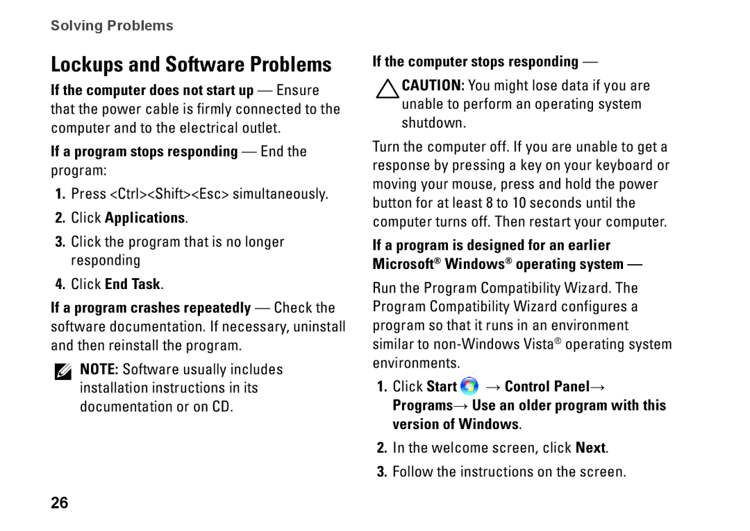 Dell XPS 625 manual If a program stops responding End the program, Click Applications, Click End Task 