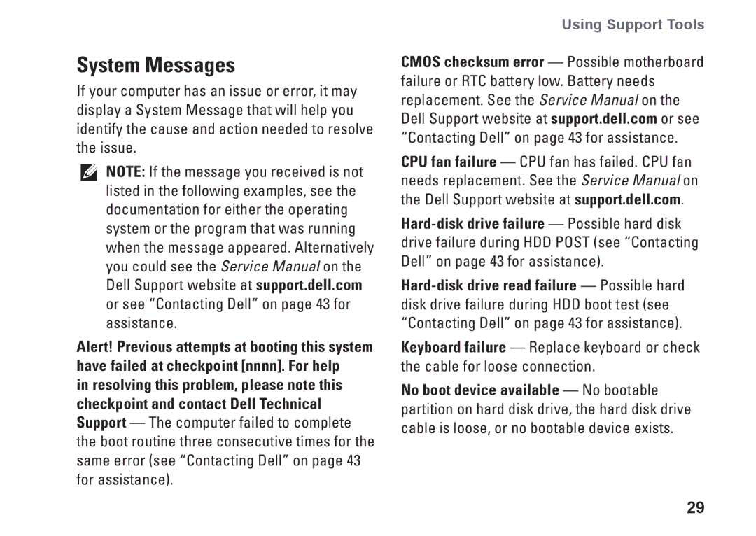 Dell XPS 625 manual System Messages, Using Support Tools 