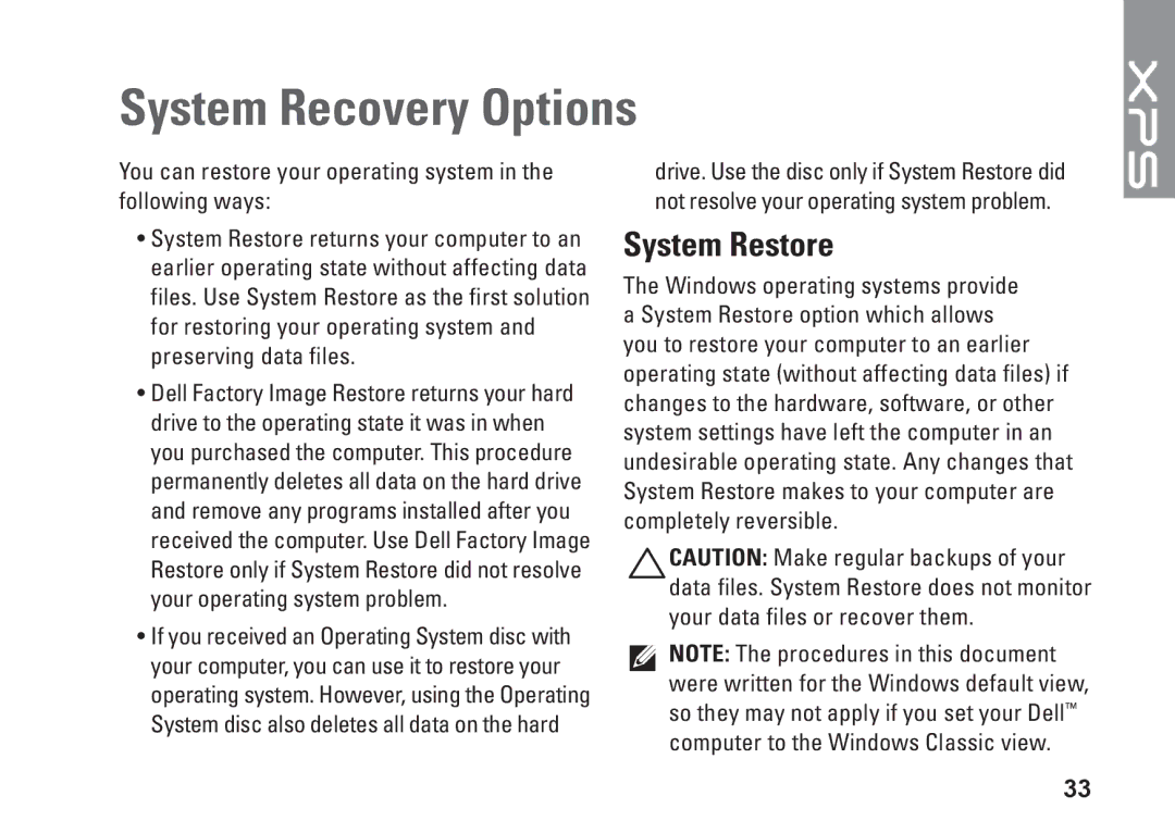 Dell XPS 625 manual System Recovery Options, System Restore 