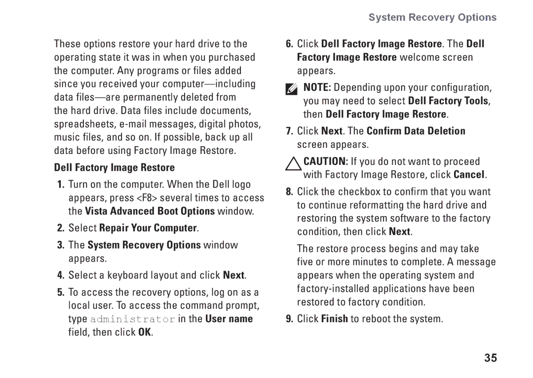 Dell XPS 625 manual Dell Factory Image Restore 