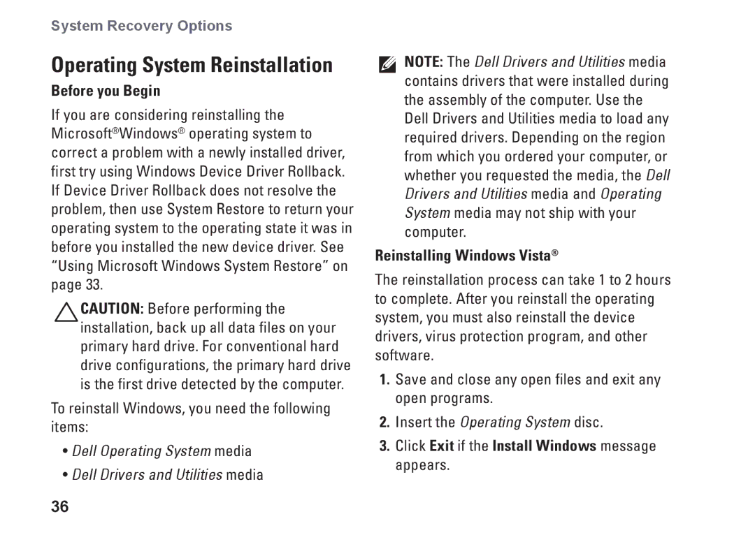 Dell XPS 625 manual Before you Begin, Reinstalling Windows Vista, Click Exit if the Install Windows message appears 