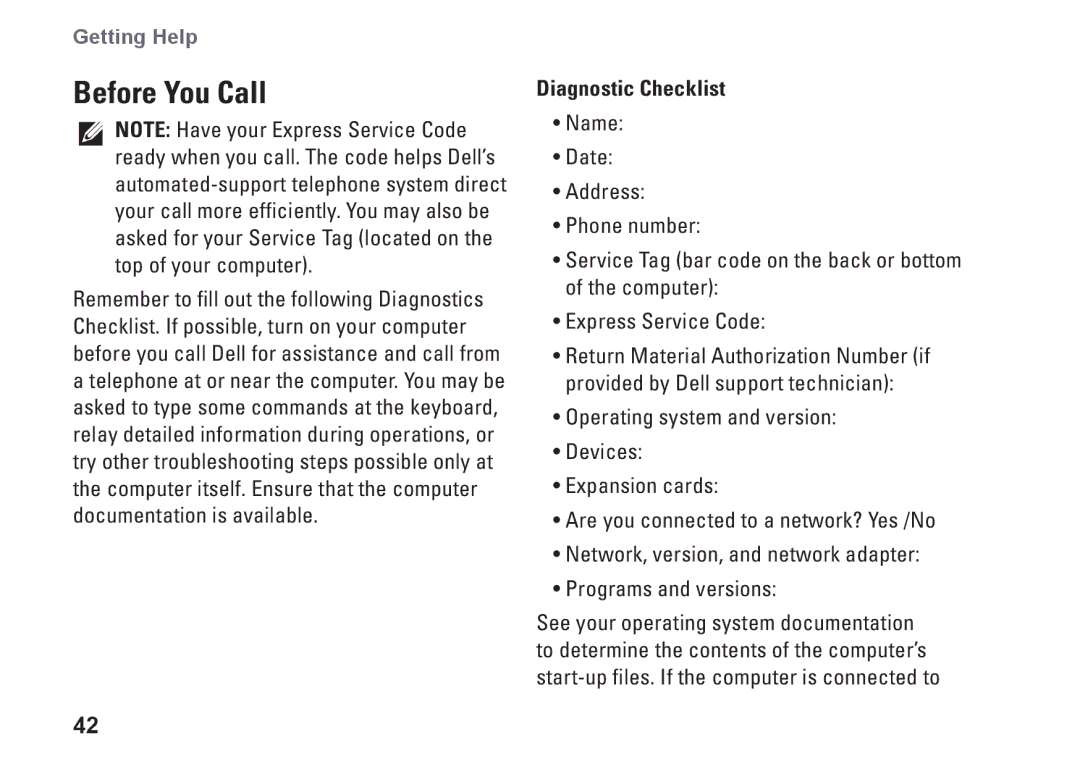 Dell XPS 625 manual Before You Call, Diagnostic Checklist 