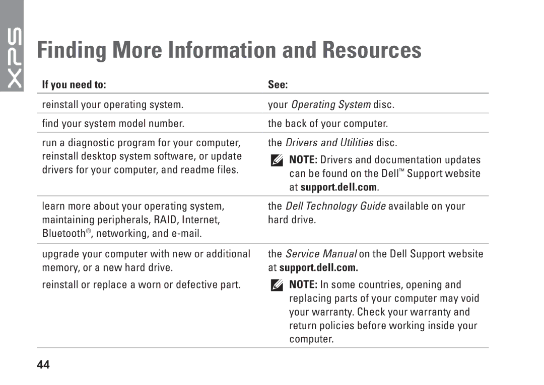 Dell XPS 625 manual Finding More Information and Resources, If you need to See, At support.dell.com 