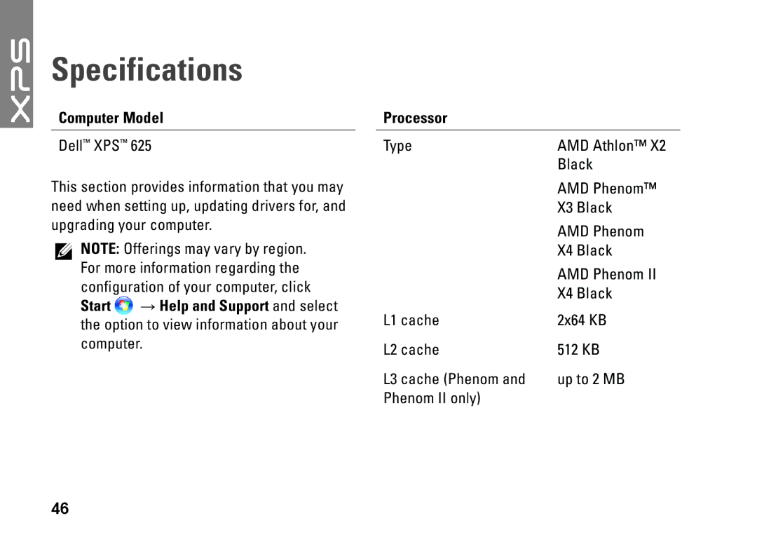 Dell XPS 625 manual Specifications, Computer Model 