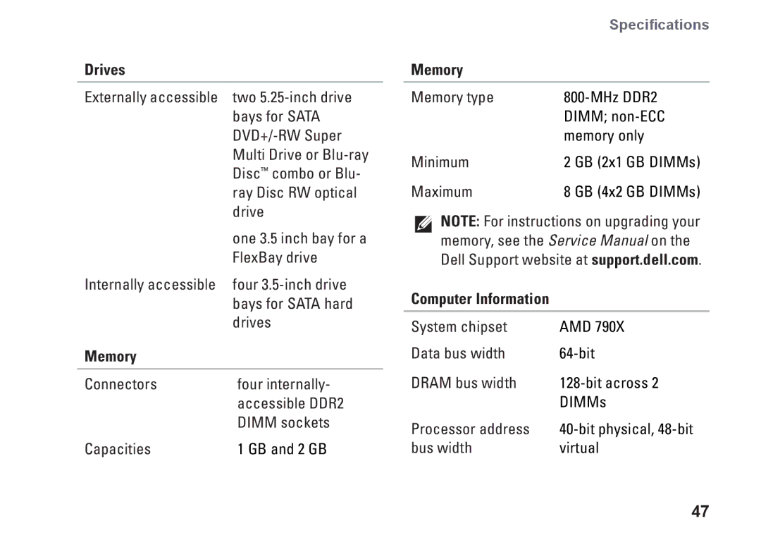 Dell XPS 625 manual Drives, Memory, Computer Information 
