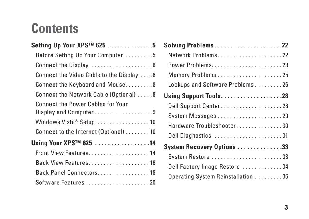 Dell XPS 625 manual Contents 