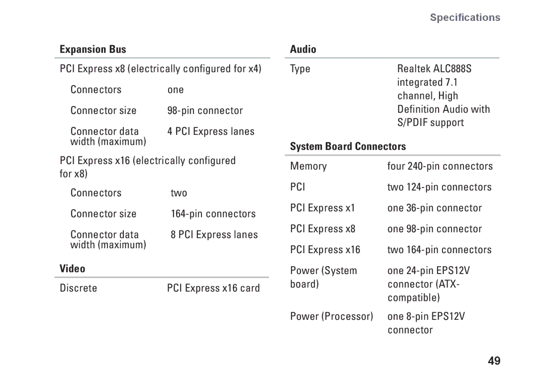 Dell XPS 625 manual Video, Audio, System Board Connectors 