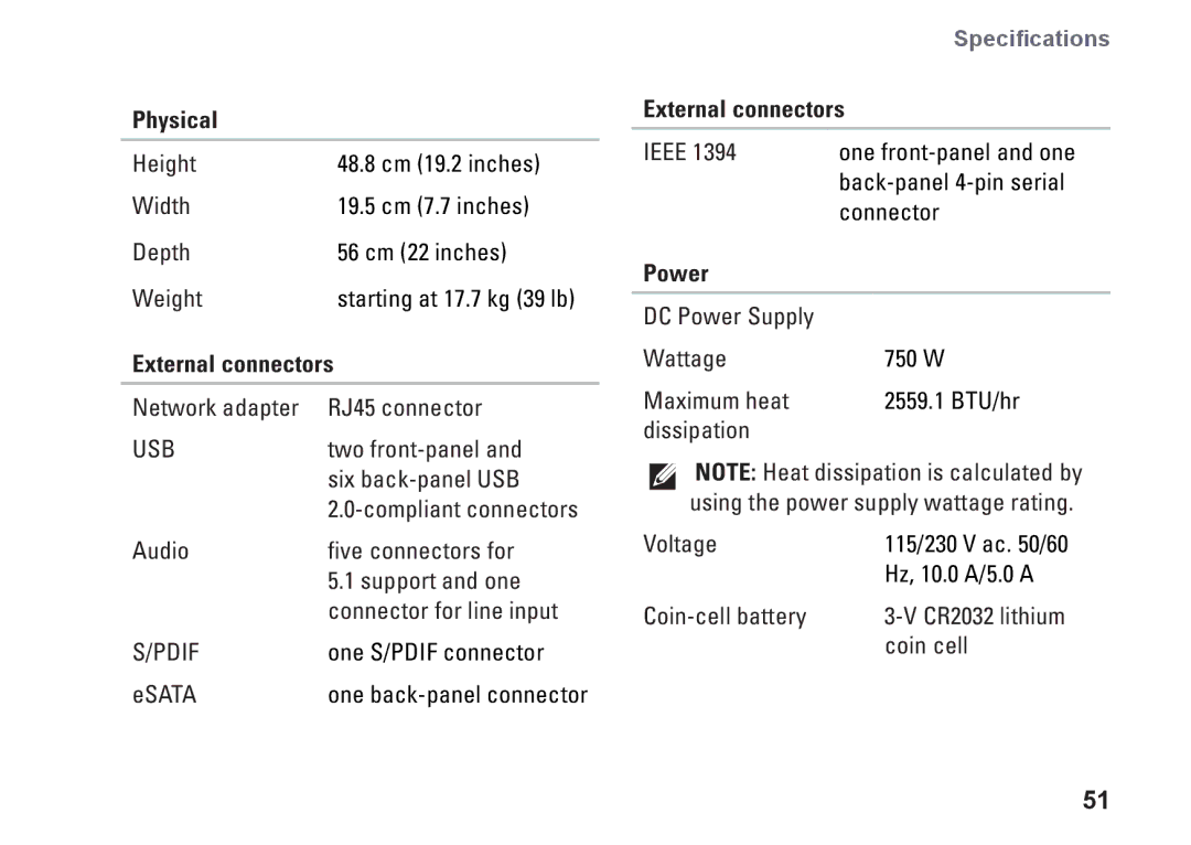 Dell XPS 625 manual Physical, External connectors, Power 