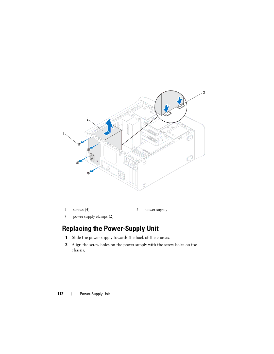 Dell XPS 8500 manual Replacing the Power-Supply Unit, 112 